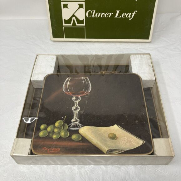 VTG 70s Clover Leaf Table Mats Wine Still Life Box Set Placemats Cork Back NOS - Picture 2 of 9